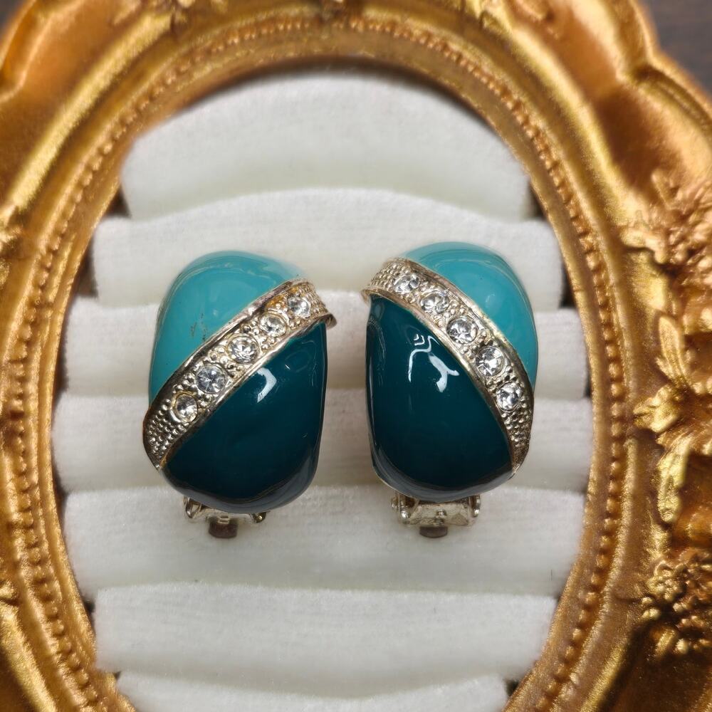 VTG Turquoise Enamel Rhinestone Cushion Clip On Earrings Statement